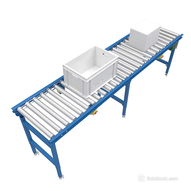 Industrial Roller Conveyor System With Blue Frame And White Plastic Bins 3d model 