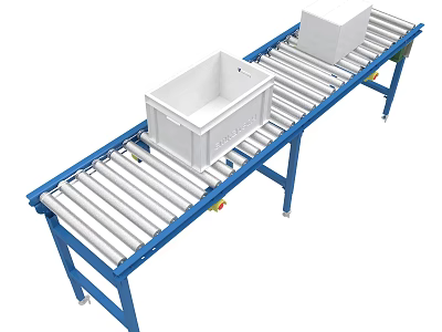 Industrial Roller Conveyor System With Blue Frame And White Plastic Bins 3d model