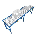Industrial Roller Conveyor System With Blue Frame And White Plastic Bins