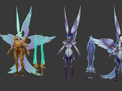 Game Fantasy Characters with Elaborate Wings and Unique Weapons in Colorful Designs 3d model
