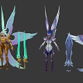 Game Fantasy Characters with Elaborate Wings and Unique Weapons in Colorful Designs