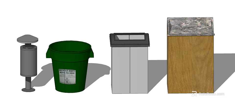 Public Area Facilities Featuring Green Recycle Bin Double Door Trash Can And Wooden Box 3d model 