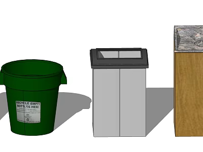 Public Area Facilities Featuring Green Recycle Bin Double Door Trash Can And Wooden Box 3d model