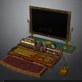 Vintage Wooden Framed Monitor Workstation With Red Typewriter Keyboard Gold Accents And Cartoon Mouse