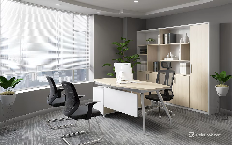 Modern Office Desk Interior With Computer Three Black Chairs Large Window And Wooden Bookshelf 3d model 