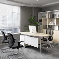 Modern Office Desk Interior With Computer Three Black Chairs Large Window And Wooden Bookshelf