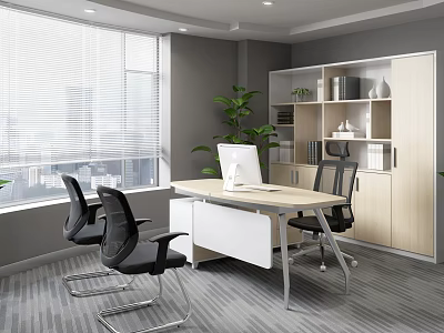 Modern Office Desk Interior With Computer Three Black Chairs Large Window And Wooden Bookshelf 3d model