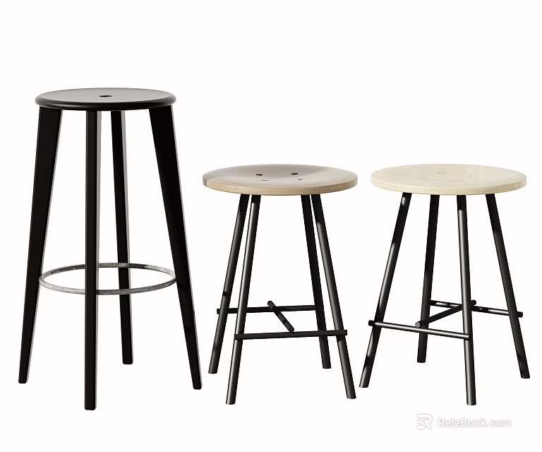 Three Modern Bar Stools With Black Metal Frame And Light Wooden Seat For Kitchen Counter 3d model 