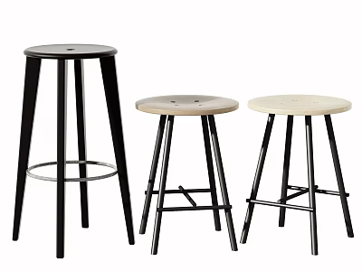Three Modern Bar Stools With Black Metal Frame And Light Wooden Seat For Kitchen Counter 3d model