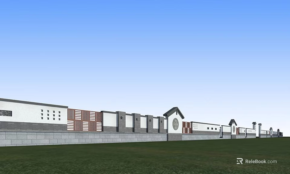 Modern Building Facade With White Gray Red Patterns And Circular Design On Green Lawn 3d model