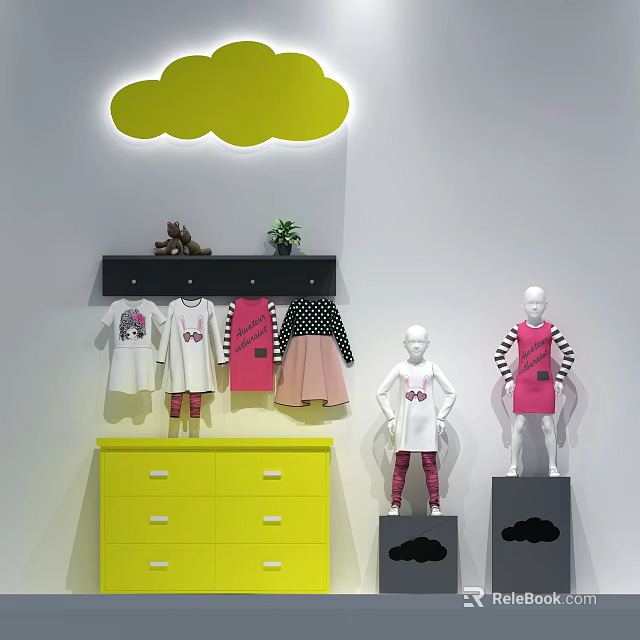 Children's Clothes Display with Mannequins Yellow Drawer Cabinet and Cloud Decoration 3d model 