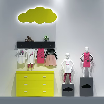 Children's Clothes Display with Mannequins Yellow Drawer Cabinet and Cloud Decoration 3d model