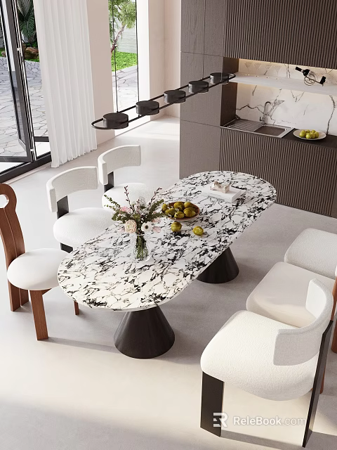 Modern Restaurant Interior With Marble Tabletop Dining Table Chairs Fresh Fruits And Flowers 3d model 