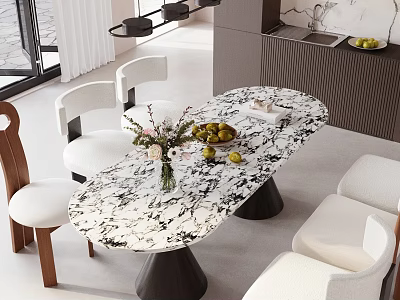 Modern Restaurant Interior With Marble Tabletop Dining Table Chairs Fresh Fruits And Flowers 3d model