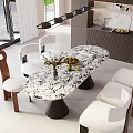 Modern Restaurant Interior With Marble Tabletop Dining Table Chairs Fresh Fruits And Flowers