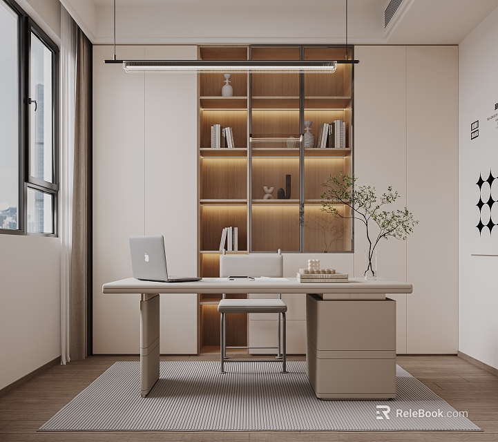 Modern Minimalist Study Room With Wooden Bookshelf Desk Laptop Potted Plant And Natural Light 3d model 