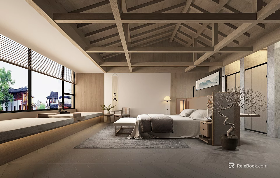 Hotel Guest Room Japanese Style With Wooden Beam Ceiling Large Windows Bed And Window Bench 3d model 