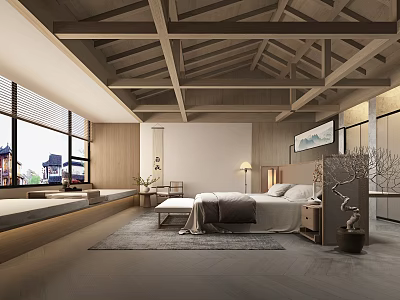 Hotel Guest Room Japanese Style With Wooden Beam Ceiling Large Windows Bed And Window Bench 3d model