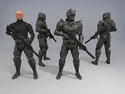 Game and Movie Characters in Different Armored Suits Holding Guns in Various Poses 3d model
