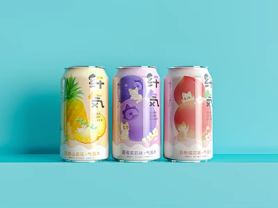 Refreshing Canned Drinks With Pineapple Grape Peach Flavors On Light Blue Background 3d model