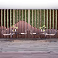 Rattan Table And Chair Set With Wooden Slat Wall Green Plants And Wooden Floor