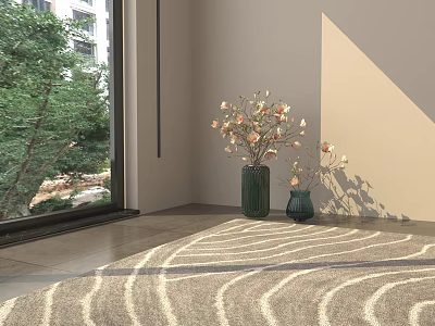 Interior With Large Window Green Tree View Green Vases Pink White Flowers And Wavy Rug 3d model