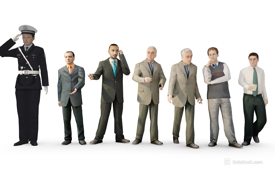 Group of People with Various Professions Including Policeman and Businessmen Standing in a Row 3d model 