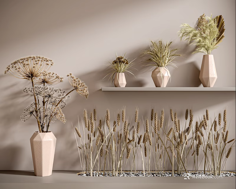 Wheat Crops And Dried Plants Arranged In Ceramic Vases For Home Decor 3d model 