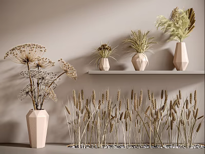 Wheat Crops And Dried Plants Arranged In Ceramic Vases For Home Decor 3d model