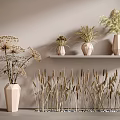 Wheat Crops And Dried Plants Arranged In Ceramic Vases For Home Decor
