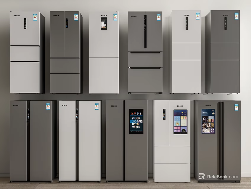 Various Modern Refrigerators and Freezers with Different Designs and Colors for Home Kitchen 3d model 