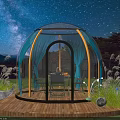 Outdoor Glass Dome Restaurant with Starry Sky Grass Moon Decorations Wooden Platform Tables Chairs Lighting