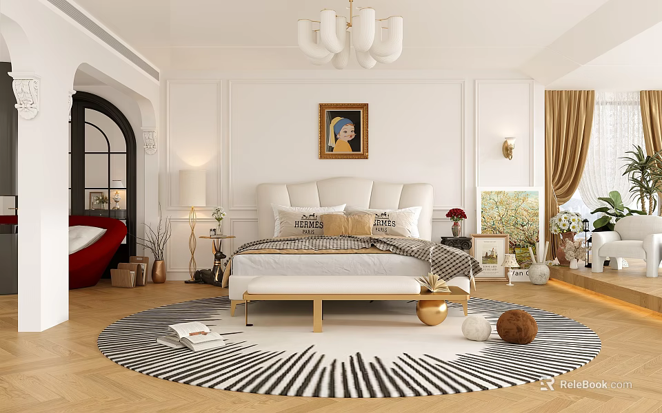 Modern Elegant Bedroom Interior Design With Stylish Bed Artwork Chandelier And Zebra Rug 3d model 