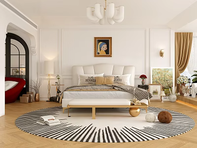 Modern Elegant Bedroom Interior Design With Stylish Bed Artwork Chandelier And Zebra Rug 3d model