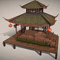 Traditional Chinese Pavilion With Multi Tiered Green Tiled Roof Red Lanterns And Wooden Railings