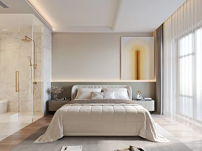Modern Bedroom Interior With Large Bed Headboard Nightstand And Window Curtains 3d model