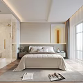 Modern Bedroom Interior With Large Bed Headboard Nightstand And Window Curtains