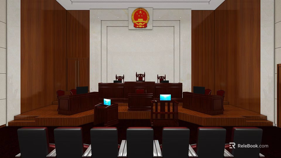 Formal Courtroom Interior With Wooden Paneling Judge's Bench Seats And National Emblem 3d model 