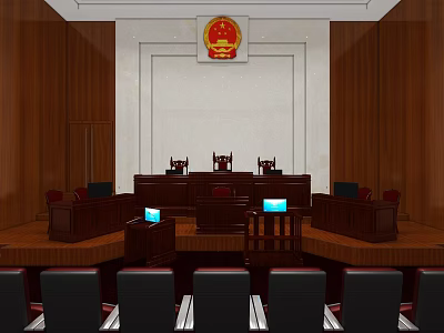 Formal Courtroom Interior With Wooden Paneling Judge's Bench Seats And National Emblem 3d model