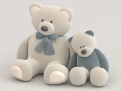 Two Plush Teddy Bears Large Light Gray And Small Blue With Bow Tie Sitting Together 3d model