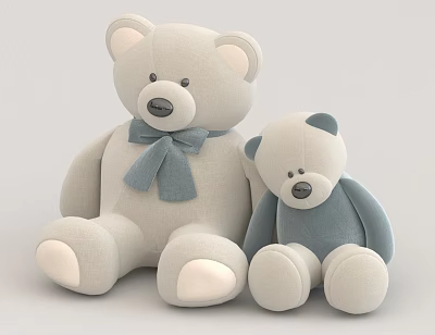 Two Plush Teddy Bears Large Light Gray And Small Blue With Bow Tie Sitting Together 3d model