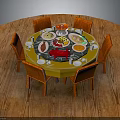Round Dining Table With Orange Chairs And Various Food Dishes On Wooden Surface