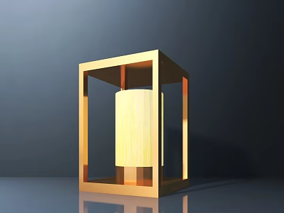 Outdoor Light With Golden Frame Cube Shape And Cylindrical Lampshade Modern Minimalist Design 3d model