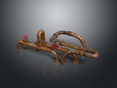 Rustic Industrial Lighting Fixture Set with Curved Metal Pipes and Red Knobs Design 3d model