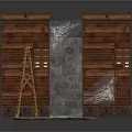 Dark Wooden Bookcases With Drawers And Gray Brick Wall Near Wooden Ladder And Spider Web