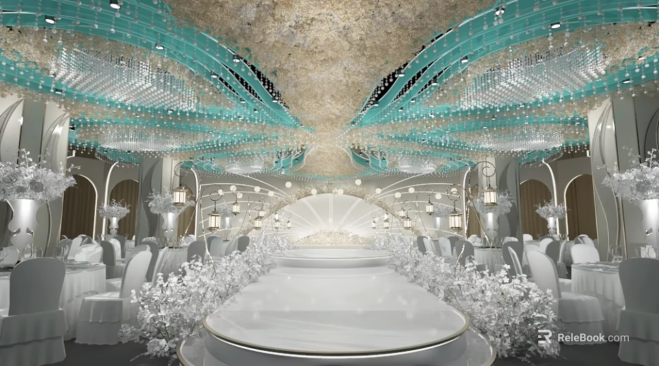Elegant Banquet Hall Interior With Crystal Chandeliers Decorated Ceiling And White Floral Decorations 3d model 