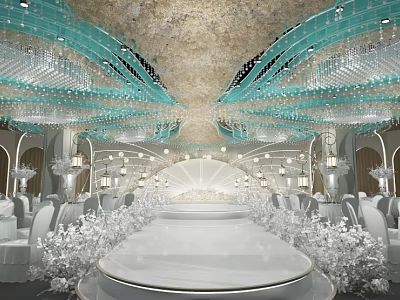 Elegant Banquet Hall Interior With Crystal Chandeliers Decorated Ceiling And White Floral Decorations 3d model