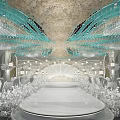 Elegant Banquet Hall Interior With Crystal Chandeliers Decorated Ceiling And White Floral Decorations