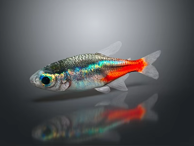 Small Silver Fish With Iridescent Scales And Bright Red Tail On Dark Background 3d model