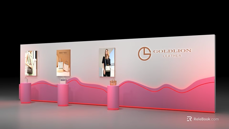 GOLDLION SERIES Brand Backdrop With Display Images Pink Wavy Decorations And Pillars 3d model 